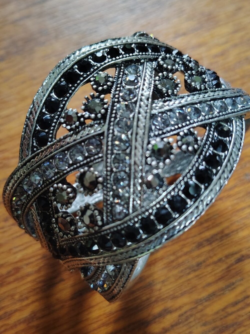 Silver Toned Hinged Marcasite and Rhinestone Cuff Bracelet